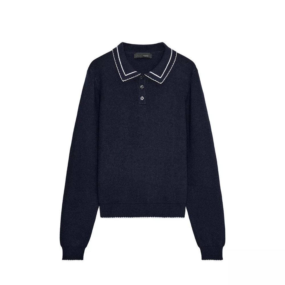 Zara Navy Polo Knit Sweater with White Trim